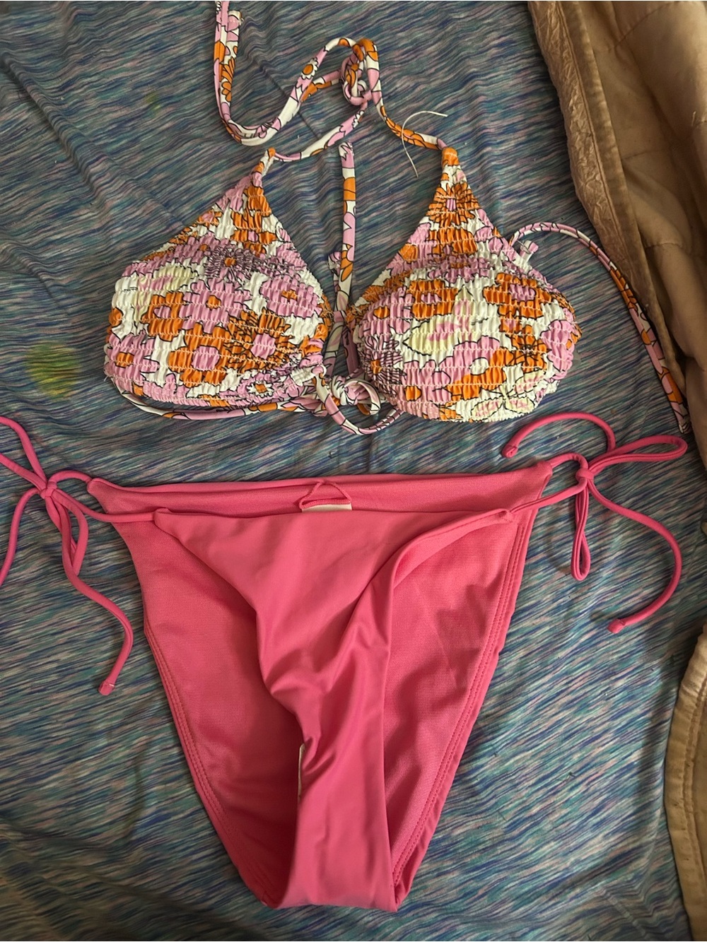 No Boundaries Pink Floral Smocked Triangle Bikini
